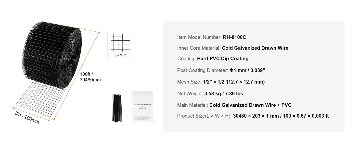 SucceBuy Solar Panel Bird Guard Critter Guard Roll Kit Stainless Steel Fastener Solar Panel Rustproof PVC Coating Wire Roll Mesh