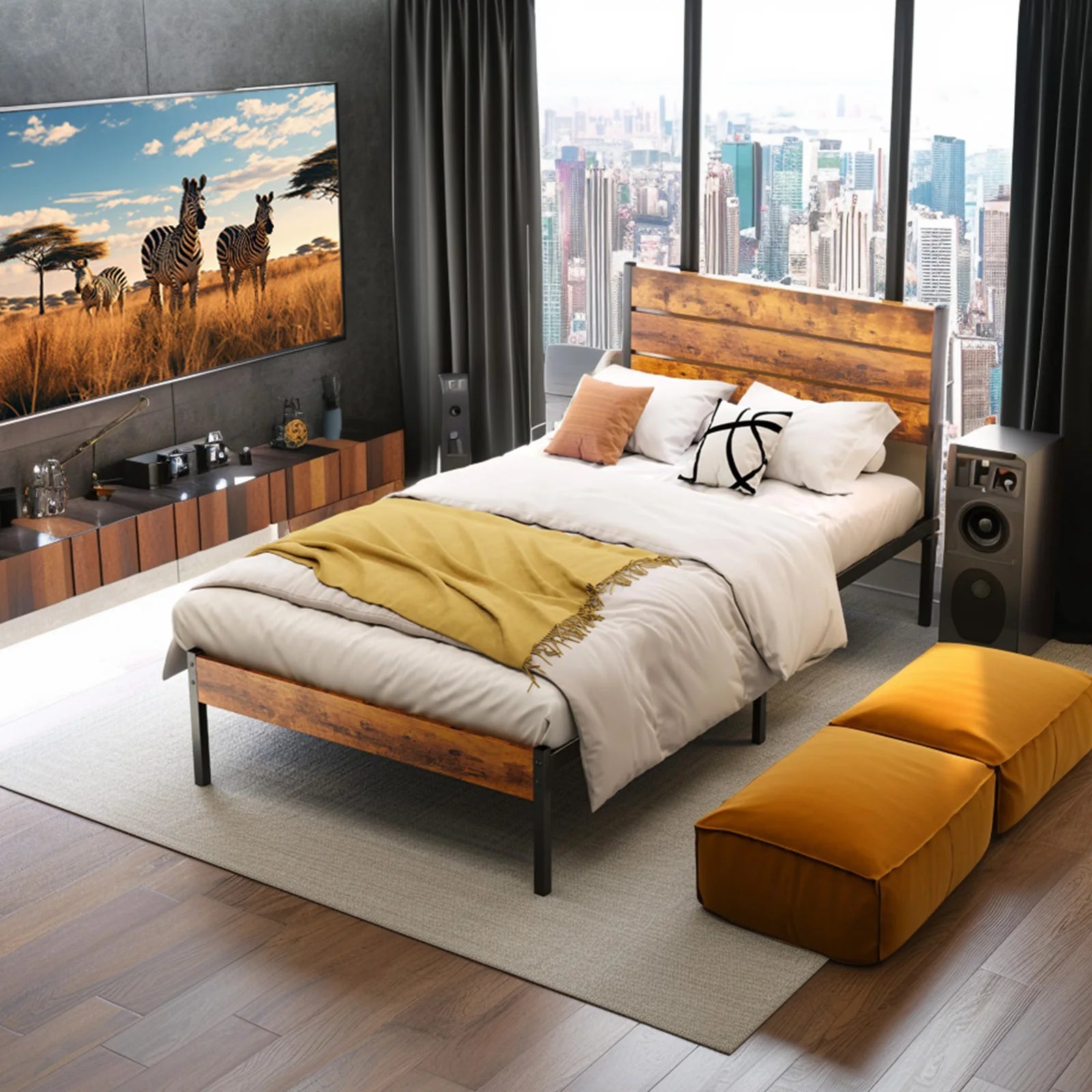 Queen Size Metal Platform Bed Frame with Storage Space & Headboard