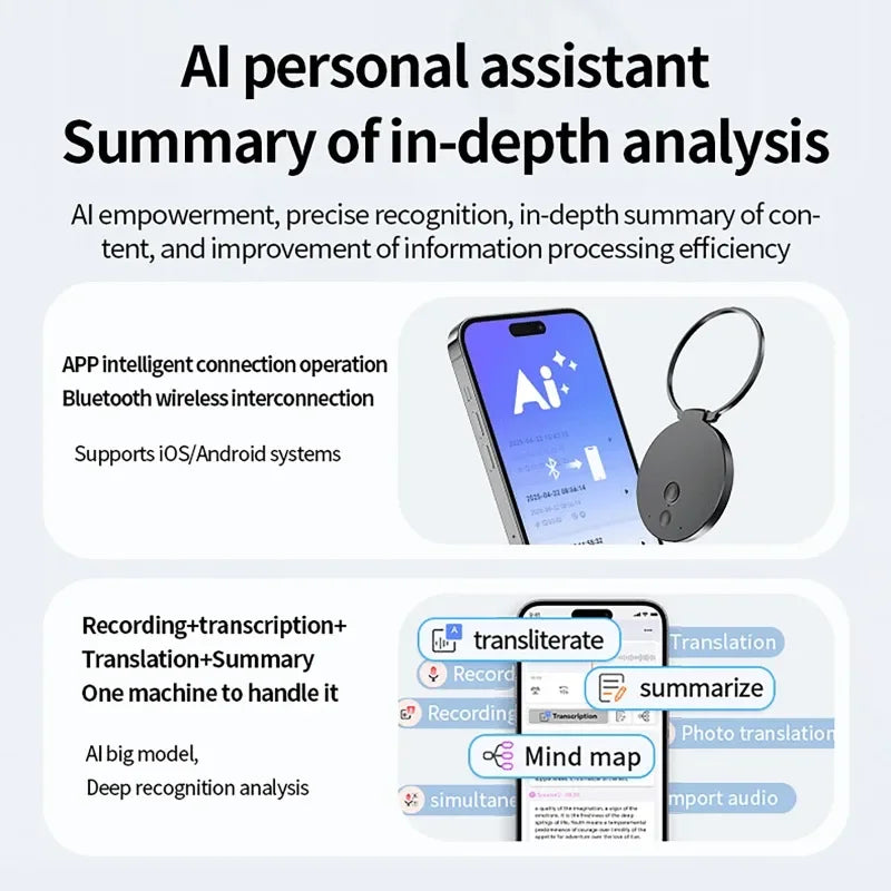 AI ChatGPT Voice Recorder 8-128GB Mini Keychain Magnetic Dictaphone 256GB Intelligent Summarization Real-Time Recording Device