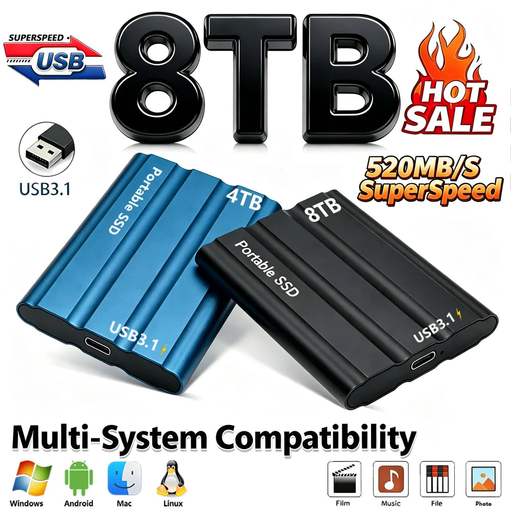 Reliable Slim Storage Device Portable External SSD 1TB 4TB 16TB 128TB High Speed for Notebook Laptop PC Usage