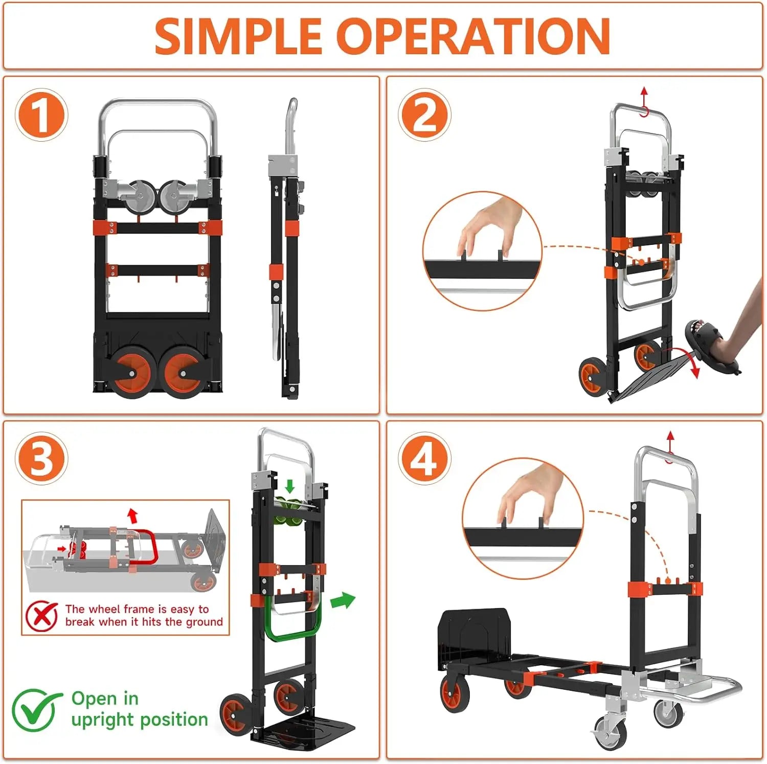 3-in-1 Heavy Duty Folding Hand Truck, 500 LBS Capacity, Convertible Dolly with Telescopic Handle