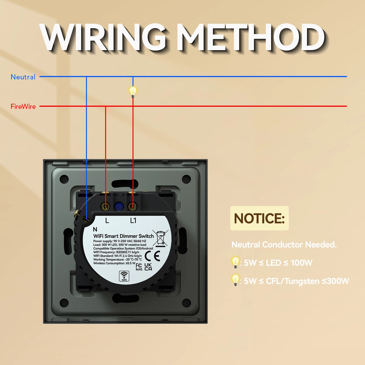 Tuya WiFi Glass Dimmer Switch - Neutral Required