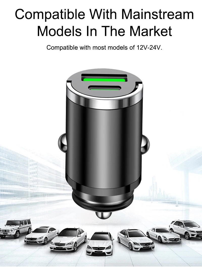 200W Mini Car Charger Fast Charging for iPhone QC3.0 Mini PD USB Type C Car Mobile Phone Charger for Xiaomi Samsung Huawei