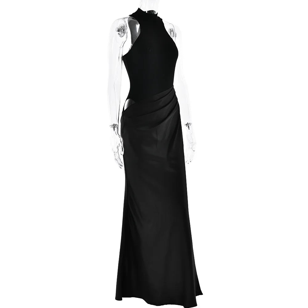 JULISSA MO Satin Sexy Hollow Out Women Maxi Dress Black Sleeveless High Waist Dress Female Autumn Skinny Elegant Party Clubwear 