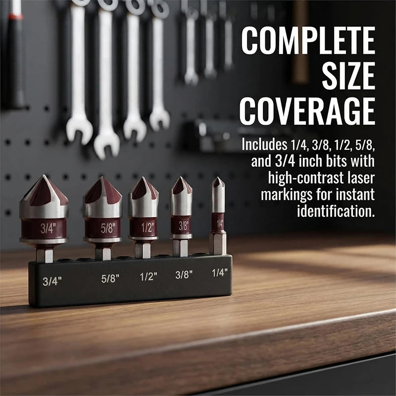 5Pcs Countersink Drill Bit Set With Drill Bit 82-Degree 5 Flutes Quick-Change Hex Shank Counter Sink Bits For Wood Metal Plastic