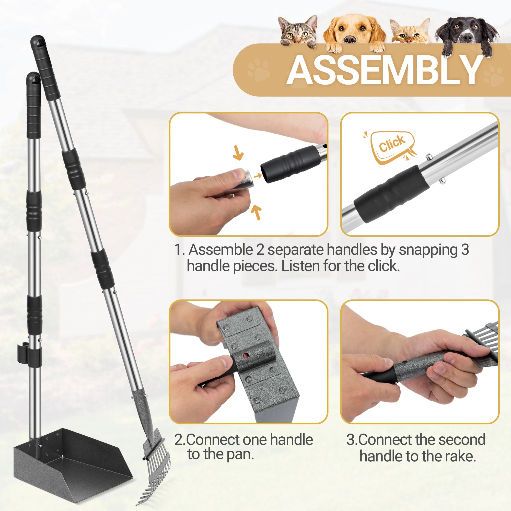 Dog Pooper Scooper Tray & Rake Set with Long Adjustable Handle