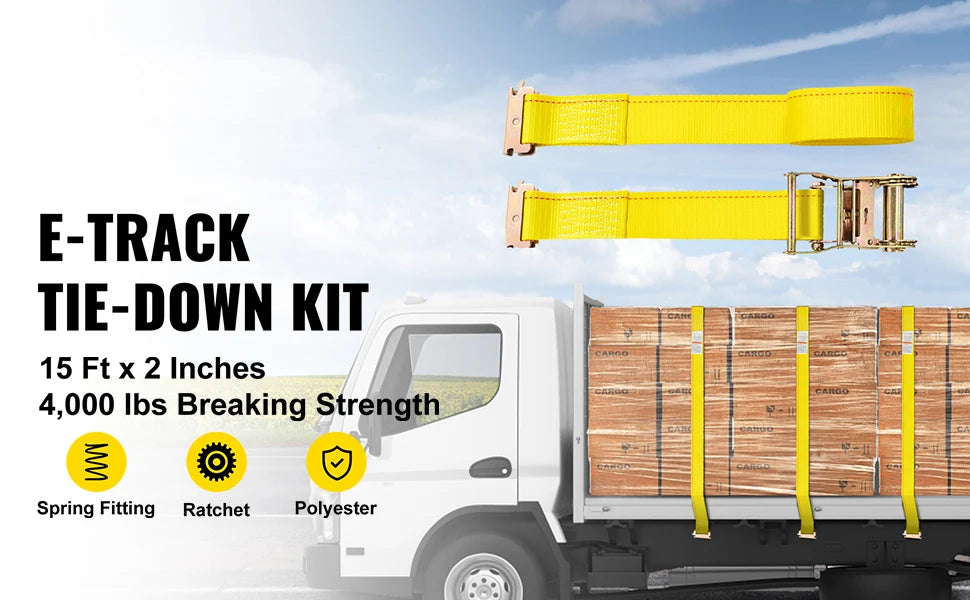 E-Track Ratchet Straps 2" Heavy-Duty Tie-Down Set 4,400 lbs Strength