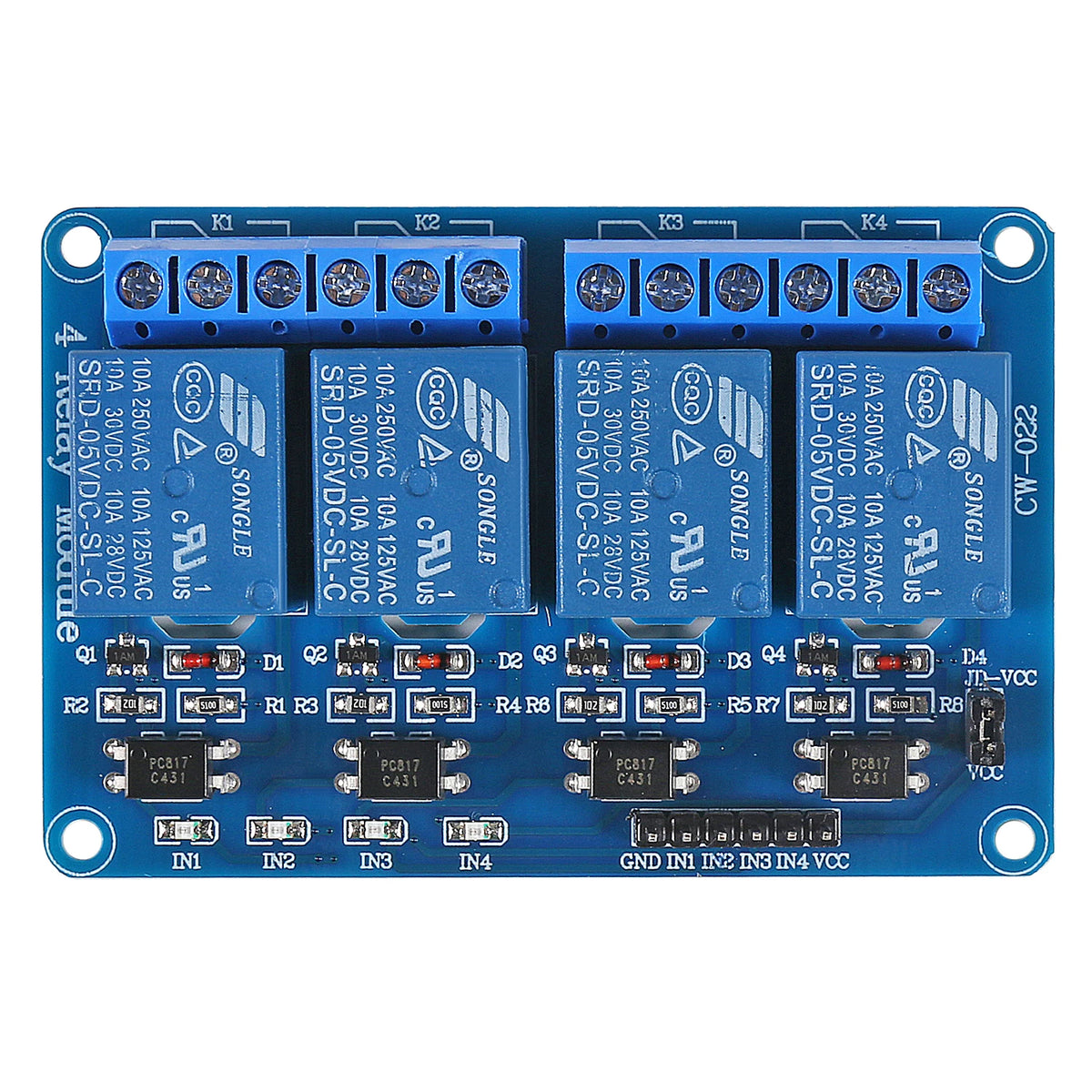 5V-os négycsatornás relémodul optocsatolókkal