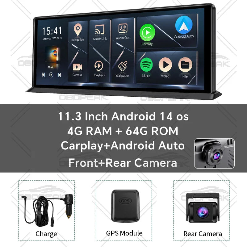 11.3" Android 14 Car Mirror Dash Cam with CarPlay, GPS & 1080P