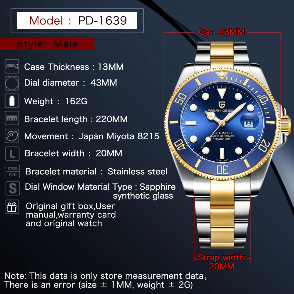 Pagani Design Automatic Dive Watch 10Bar Sapphire Steel Men