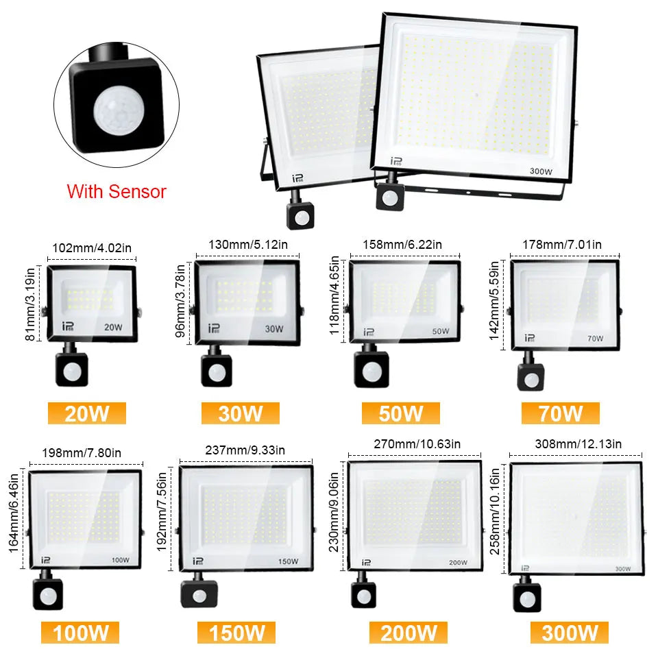 Outdoor LED Floodlight with PIR Sensor, 20 W to 300 W