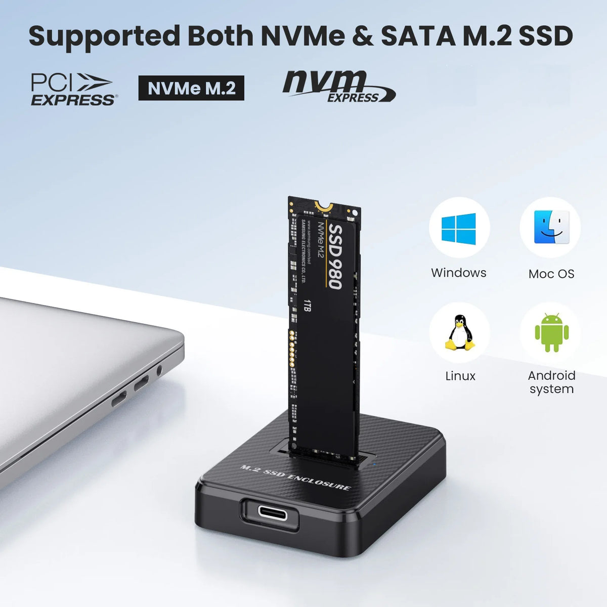 M.2 SSD USB-C kotelo liitäntämahdollisuuksilla