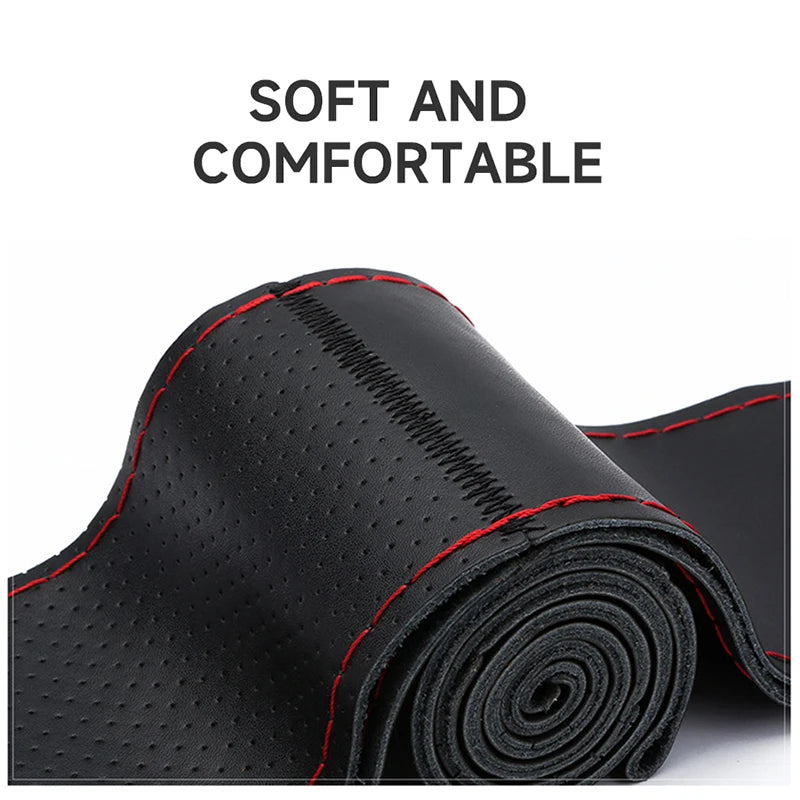 SEAMETAL 100% Genuine Leather Steering Wheel Cover Wear-Resistant Cowhide Car Steering Protection Cover Breathable Anti-Slip