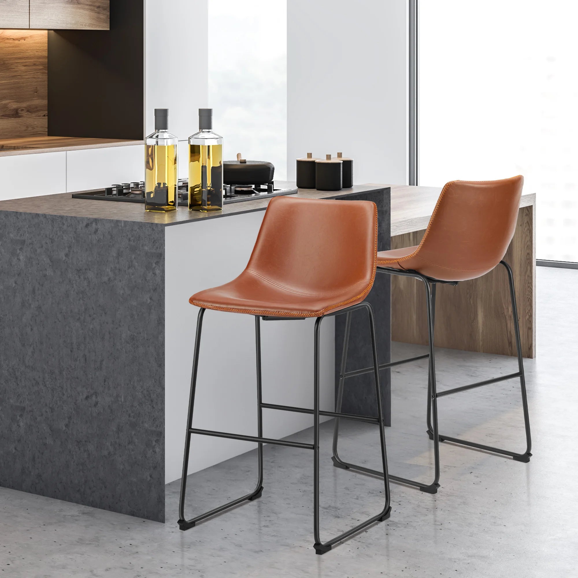 Counter Height Bar Stools Set of 2 Faux Leather with Back