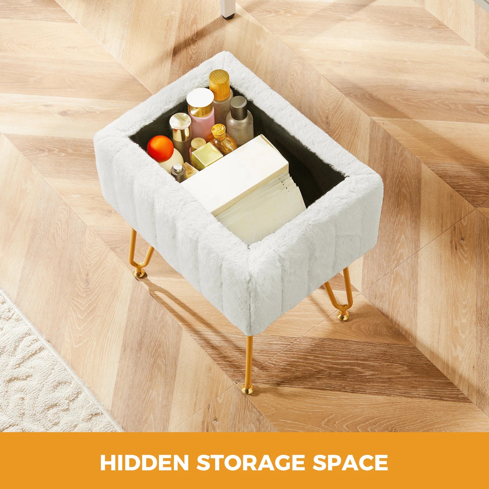 Faux Fur Storage Ottoman Stool with Hidden Compartment & Metal Legs