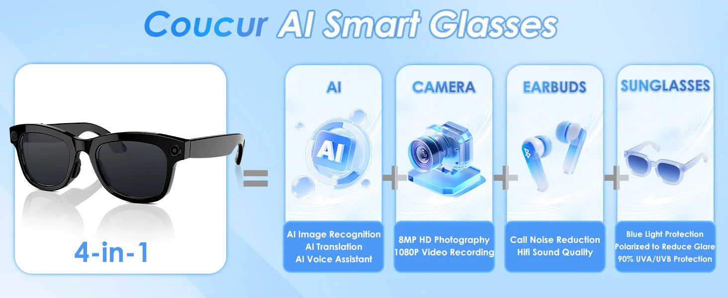 AI Smart Glasses with 8MP Camera, Translator & Open-Ear Audio