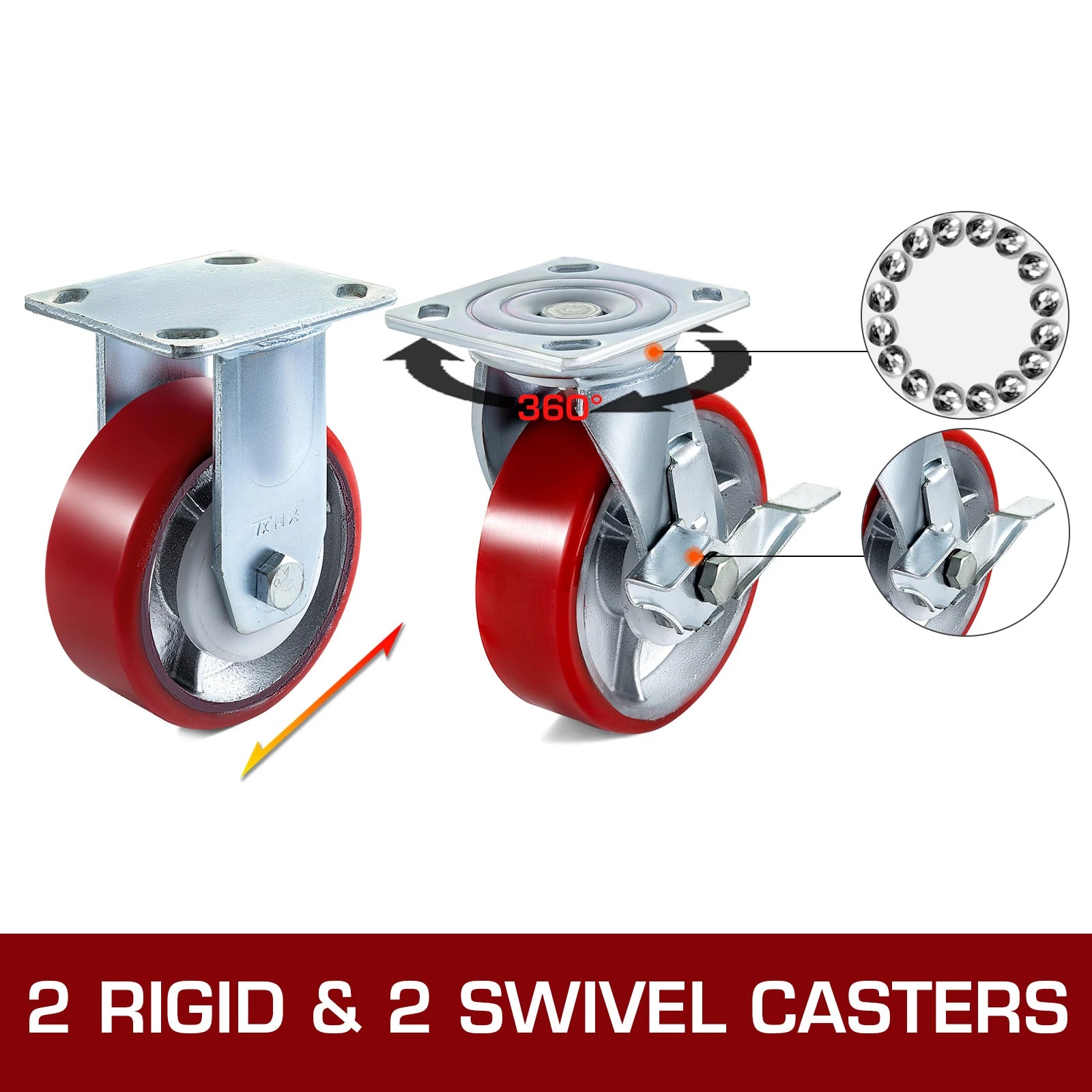 4 Pack Heavy Duty 6" Polyurethane Caster Wheels with Brakes