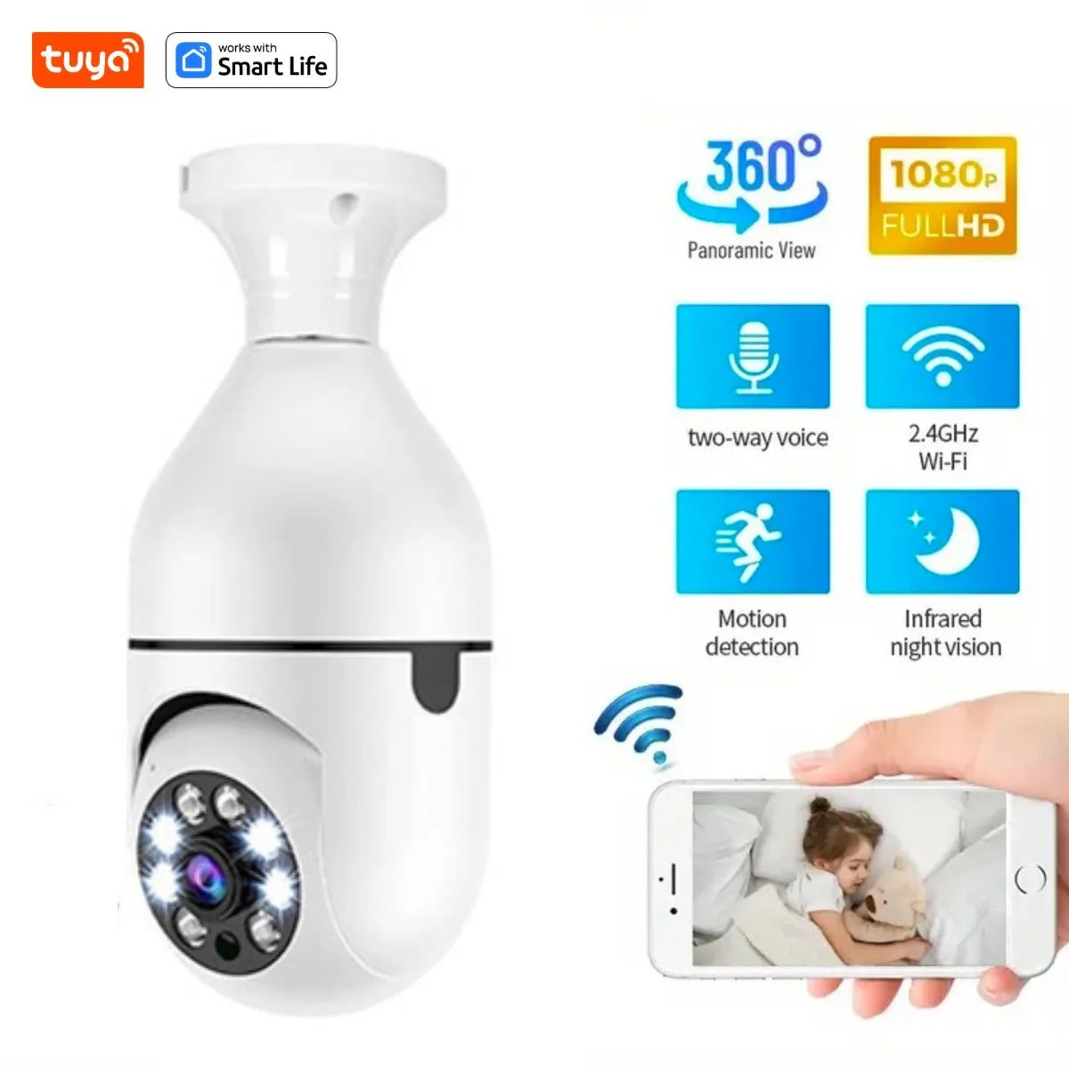 Tuya Smart Home 2.4G E27 Bulb Wifi Surveillance Camera HD Night Security Video Surveillance Supprt Two Way Audio Mobile Motion 