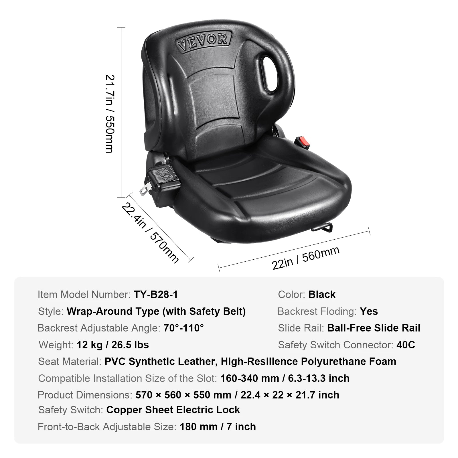 Universal Forklift Seat with Adjustable Backrest and Seatbelt