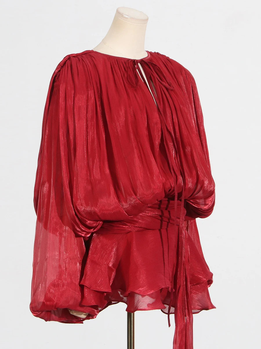 GALCAUR Solid Loose Splicd Lace Up Dresses For Women V Neck Long Sleeves Patchwork Ruffles Tunic Dreses Female Fashio New 