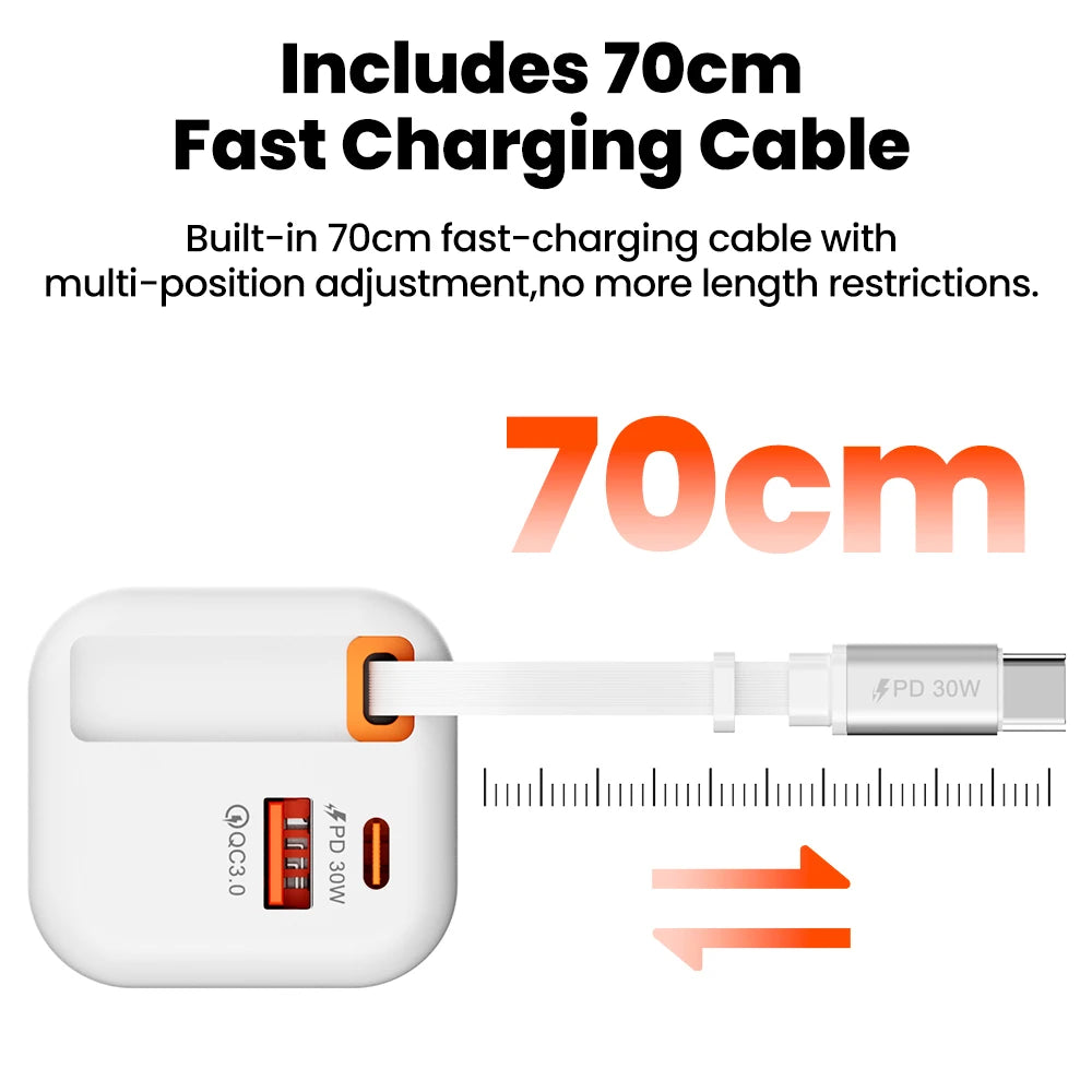 USB Wall Charger with Retractable USB-C Cable
