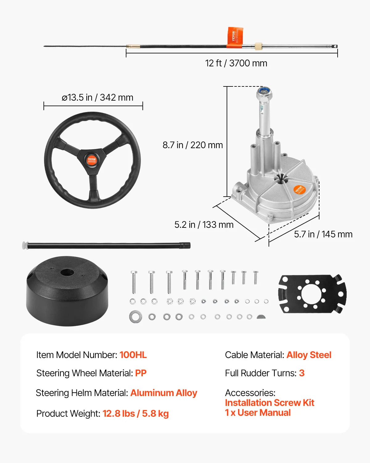 Marine Steering System Rotary Wheel with 12 ft Cable