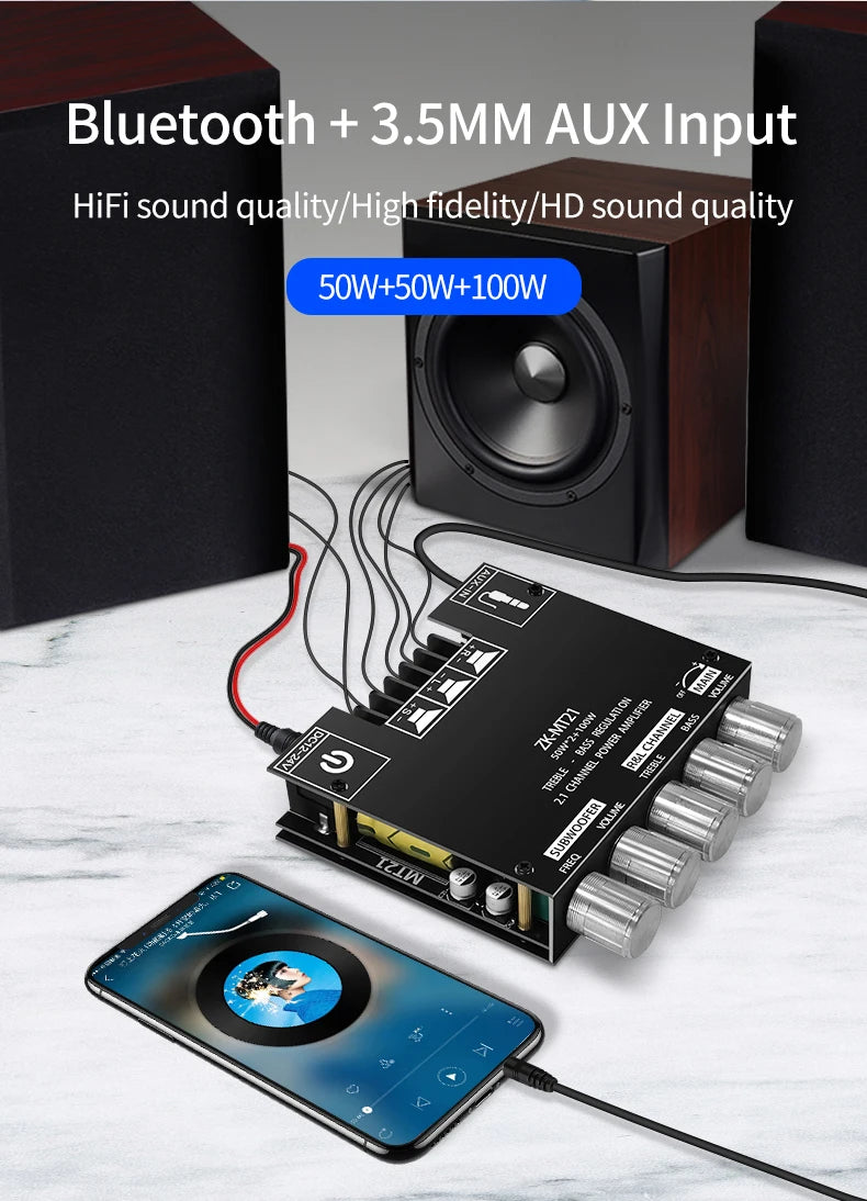 ZK-MT21 Channel Bluetooth 5.0 2.1 Subwoofer Amplifier Board 50W*2 +100W Power Audio Stereo Amplifier Board Bass AMP AUX 