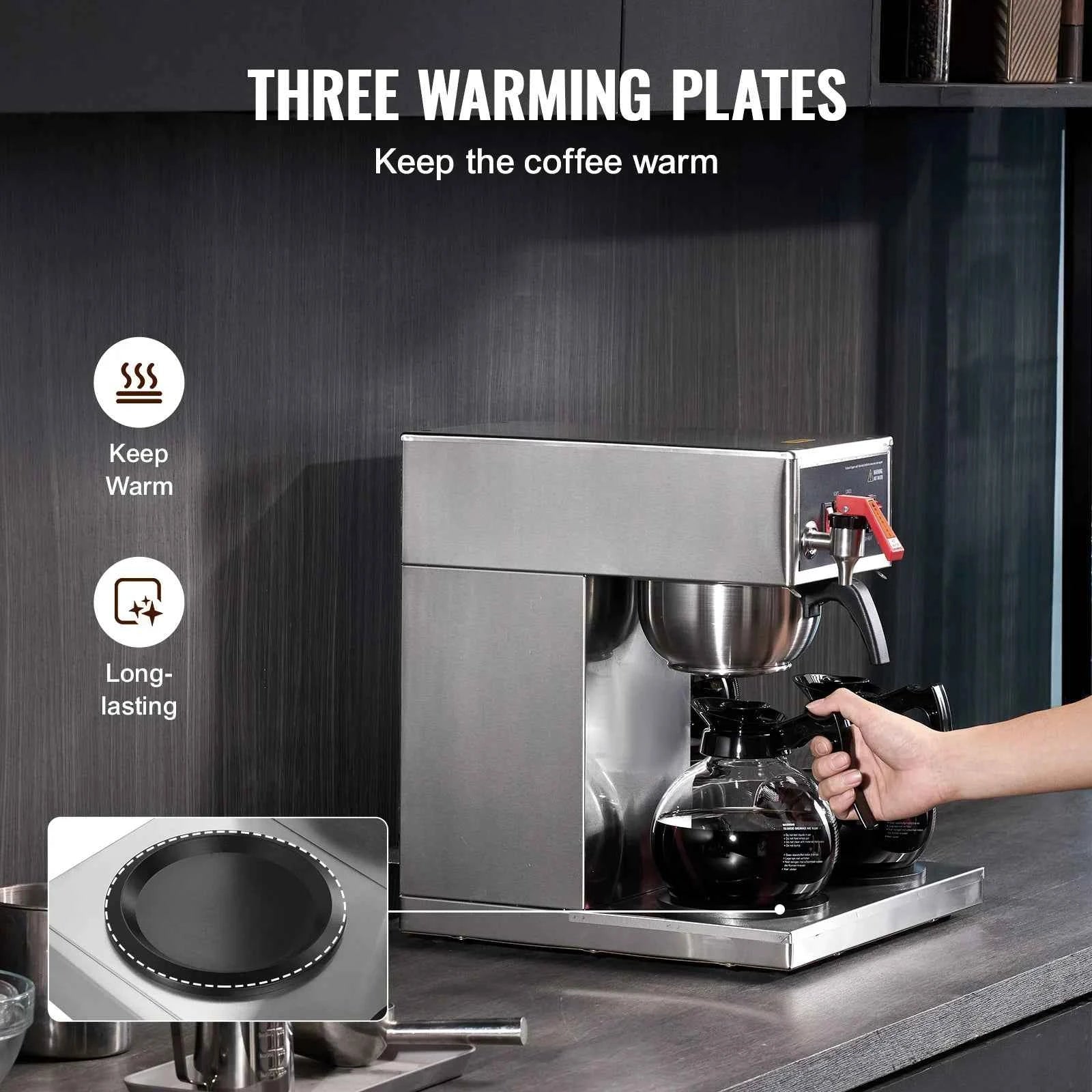12-Cup Commercial Drip Coffee Maker with 3 Glass Carafes and 3 Warming Plates