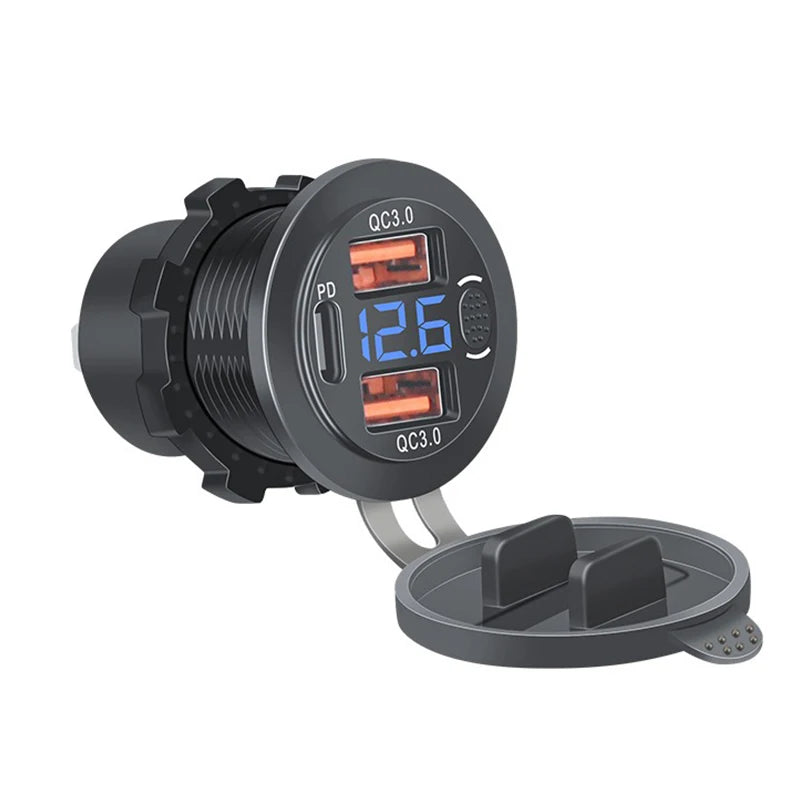 USB Charger Socket Dual QC 3.0 For Car Motorcycle With Voltmeter Car Charger Power Socket Waterproof for 12V/24V Car Boat