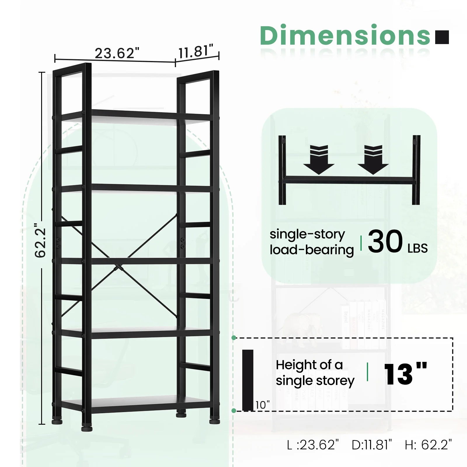 5 Tier Wooden Bookshelf with Metal Frame Tall Storage Display