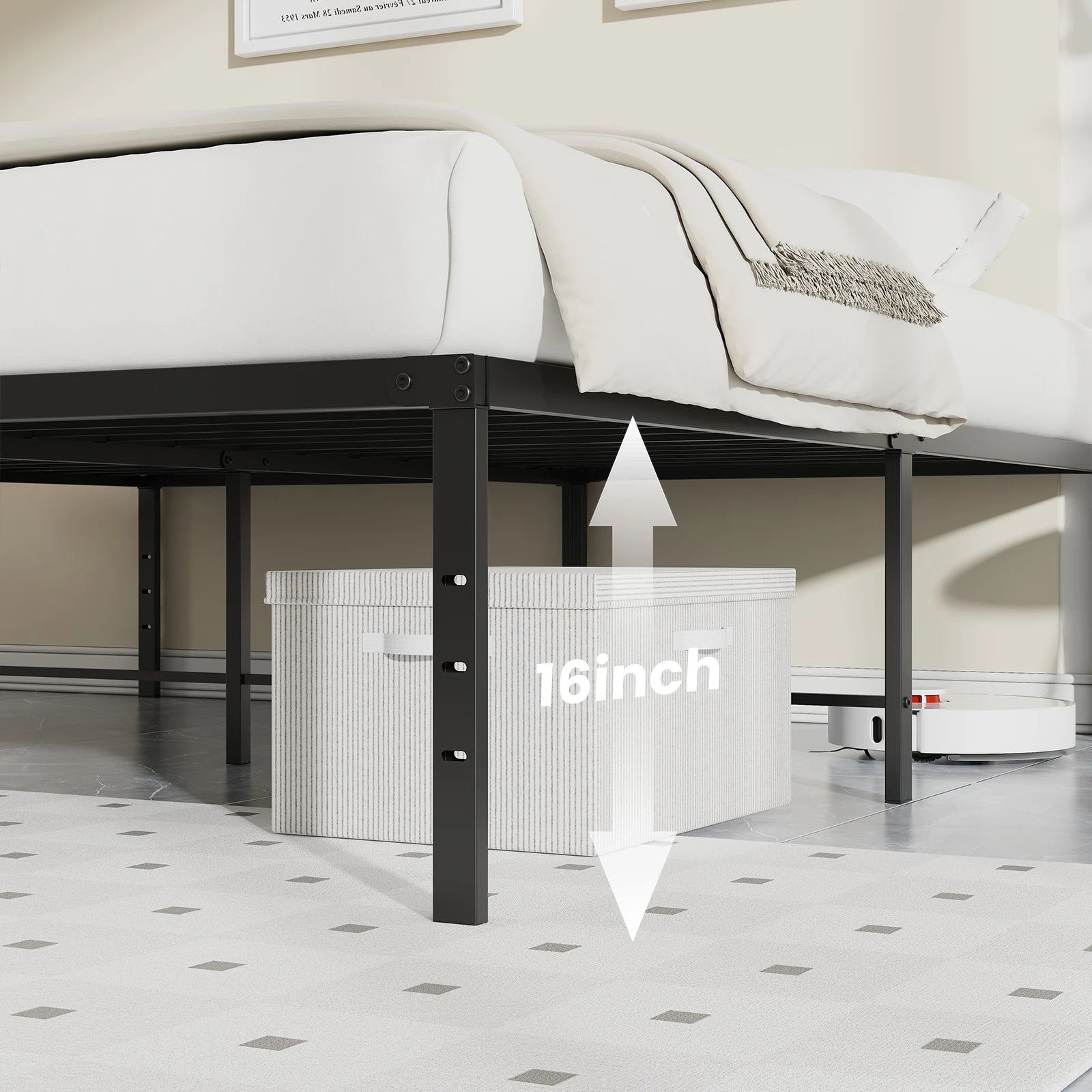 16IN Metal Bed Frame with Storage Clearance and Slat Support