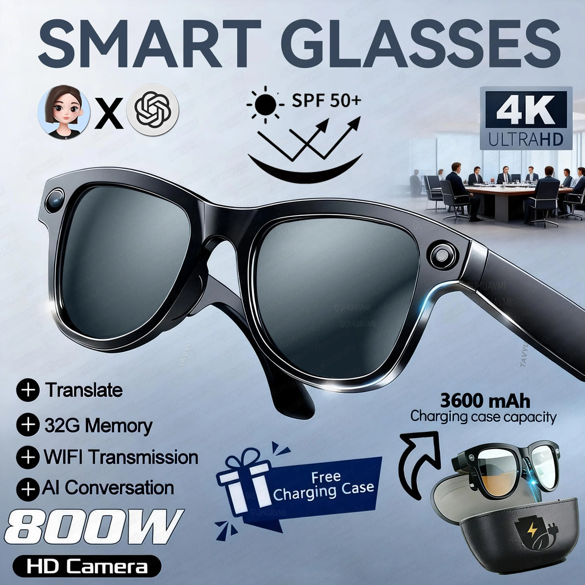 Lunettes intelligentes AI avec caméra, traduction et audio