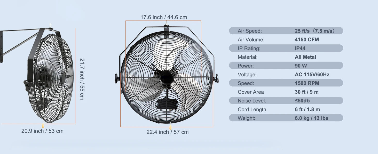 Vægmonteret industriventilator 4150 CFM vandtæt oscillerende 90W