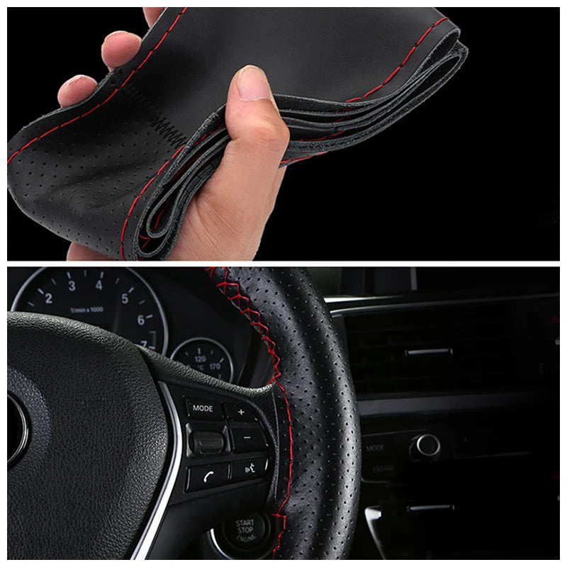 SEAMETAL 100% Genuine Leather Steering Wheel Cover Wear-Resistant Cowhide Car Steering Protection Cover Breathable Anti-Slip