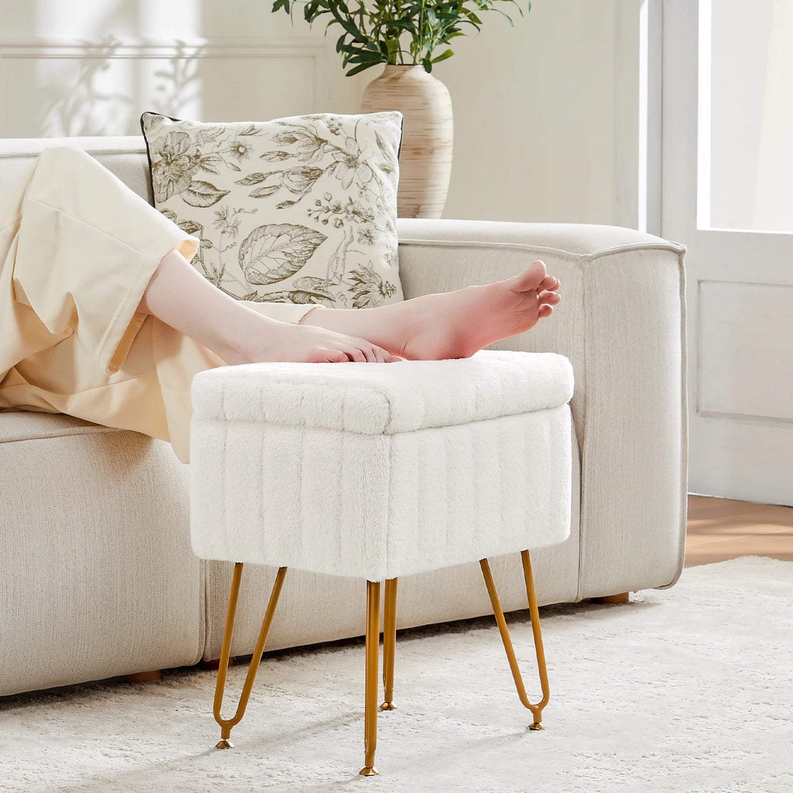 Faux Fur Storage Ottoman Stool with Hidden Compartment & Metal Legs
