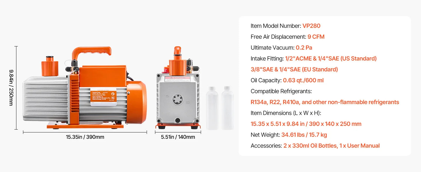 HVAC Vacuum Pump 3.5–9 CFM Single & Dual Stage for AC Systems