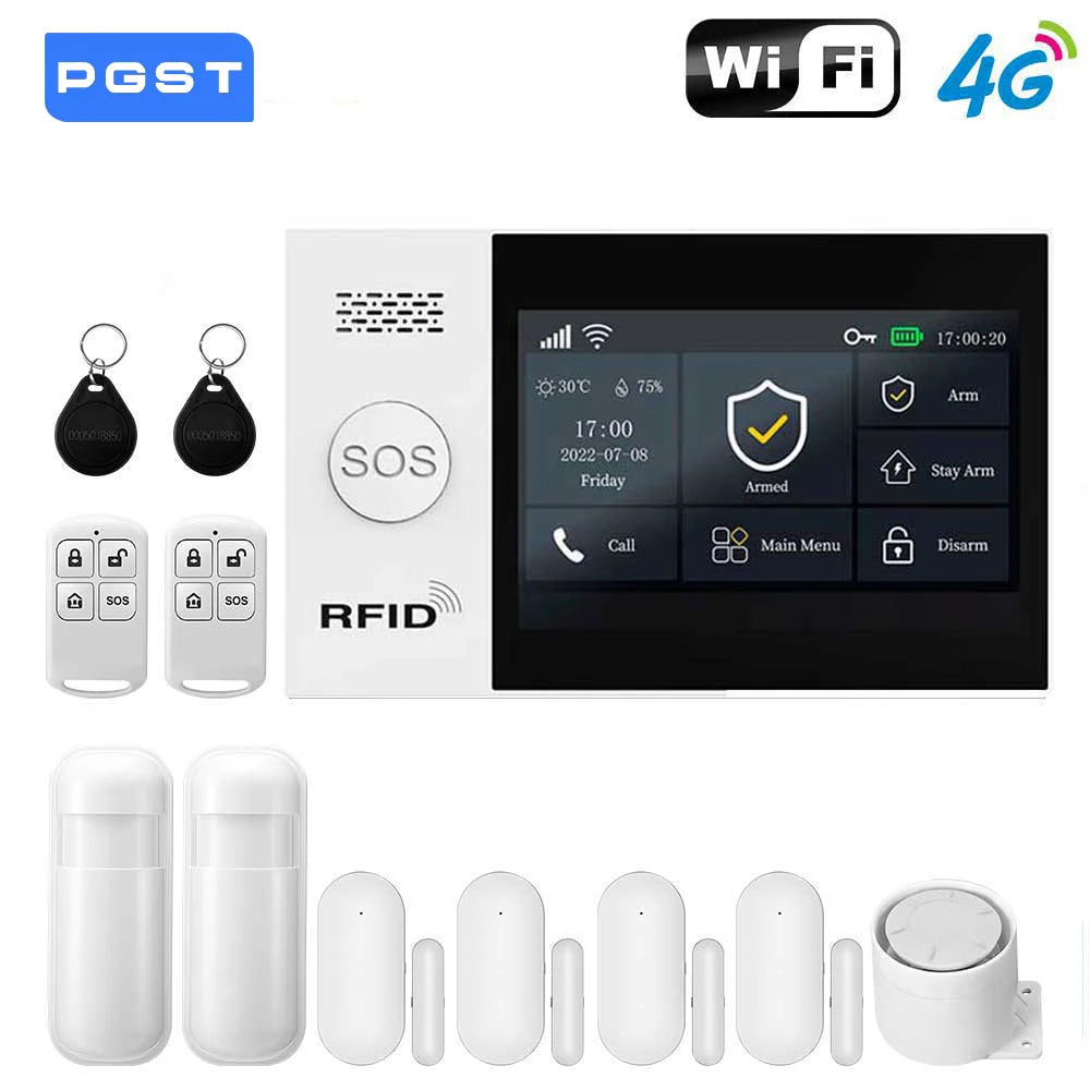 PGST Wireless Home Security Alarm System Work with Tuya 4G 2G GSM WIFI Smart Home 433MHz App Control With Alexa