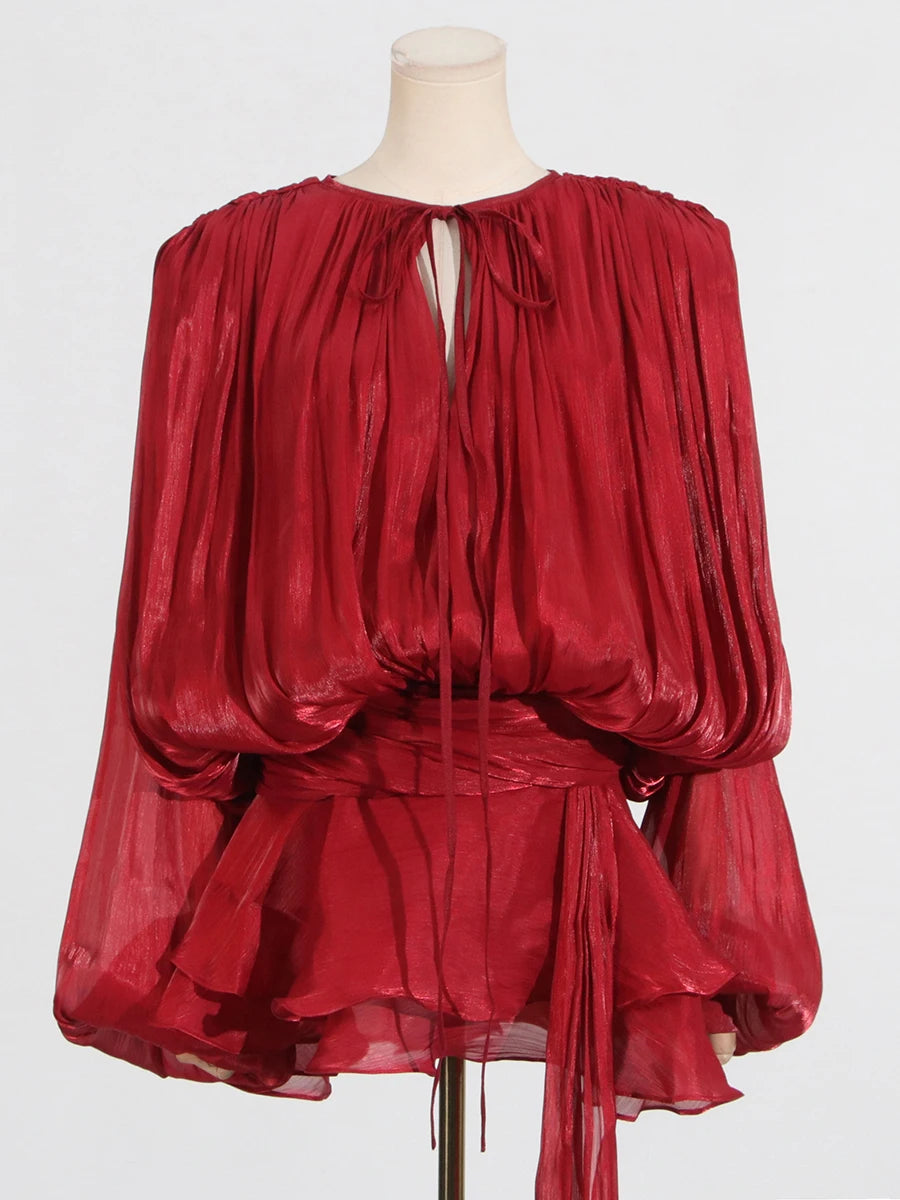 GALCAUR Solid Loose Splicd Lace Up Dresses For Women V Neck Long Sleeves Patchwork Ruffles Tunic Dreses Female Fashio New 