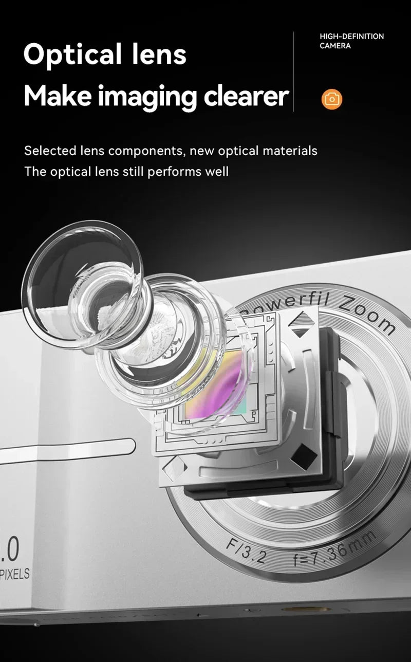5K 50MP Mini Digital Camera with 16X Zoom, 2.4 Inch IPS Display & Flash