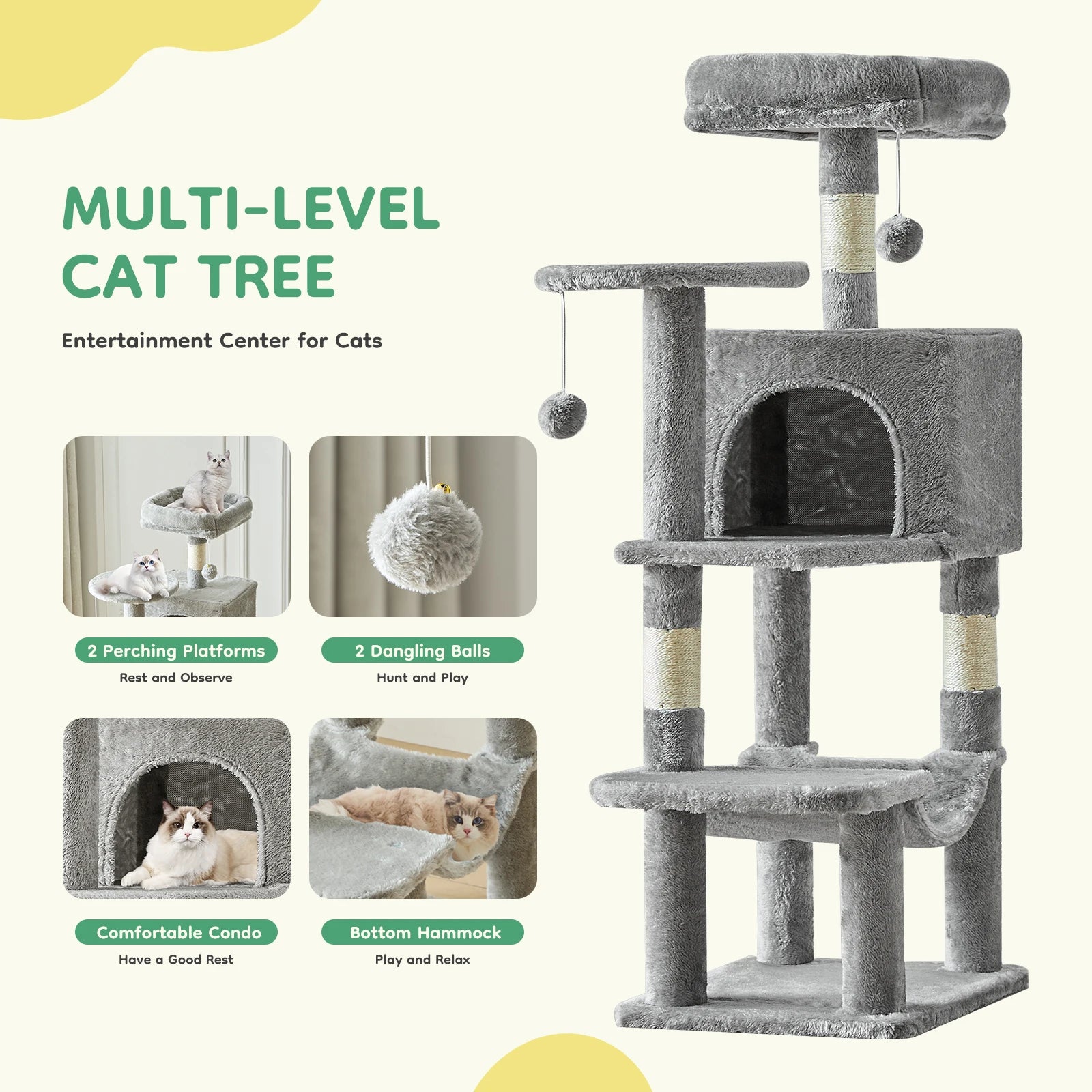 Κατακόρυφο Δέντρο Γάτας 44" με Πολυεπίπεδα, Καταφύγιο, Αιώρα και Ξύστρες από Σισάλ