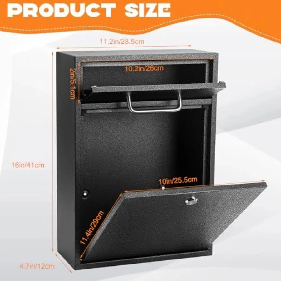 Locking Wall Mount Mailbox XL 16x11.2x4.7 in Secure Iron Drop Box