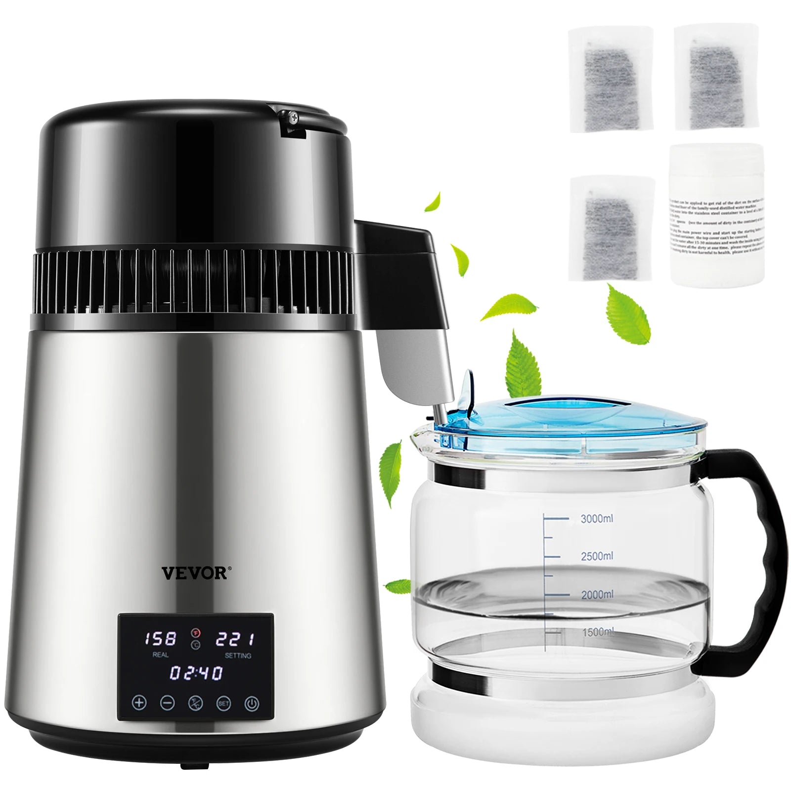 4L Home Water Distiller 1.5L/H with Touch Screen & Glass Carafe