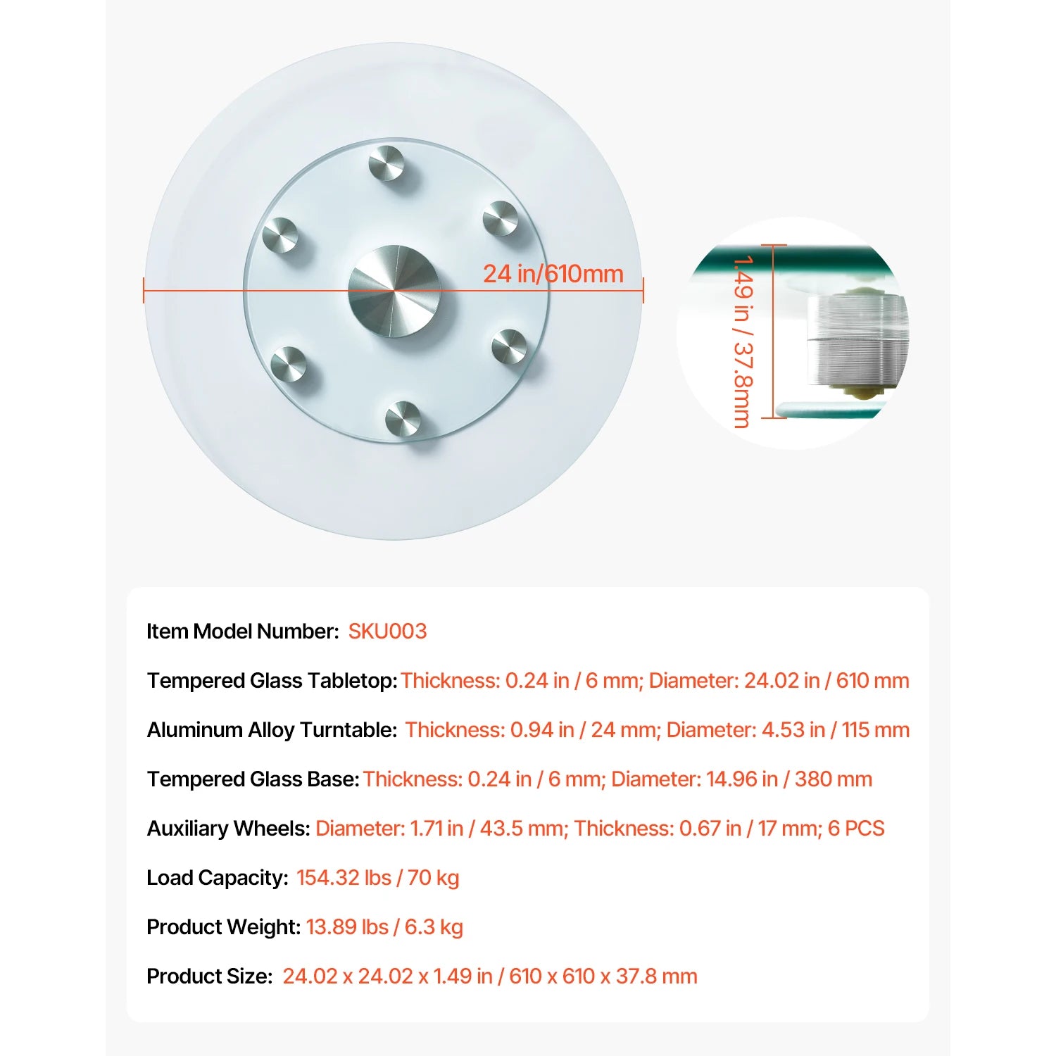 SucceBuy 20/24/30in Glass Lazy Susan Turntable 360° Rotation Tabletop Rotating Tray for Family Gatherings Banquets and Weddings