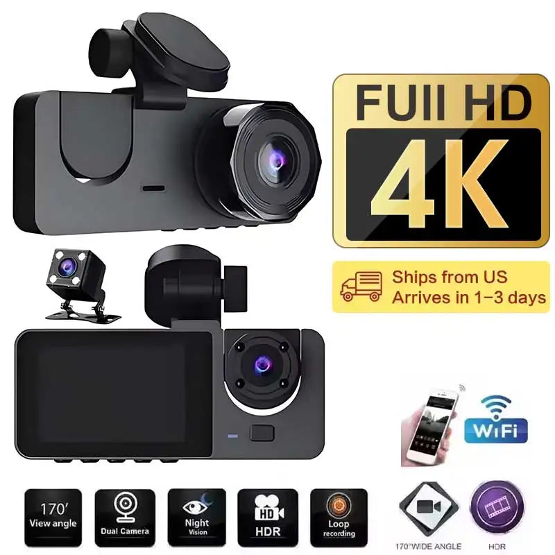 4K Dash Cam 3-Channel Front and Rear Recorder with WiFi App