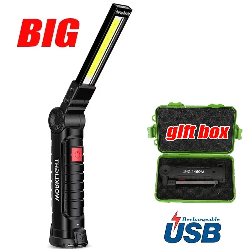 COB LED Work Light Dimmable USB Rechargeable LED Flashlight Inspection Lamp With Magnetic Hook Power Bank 18650 Battery Torch 