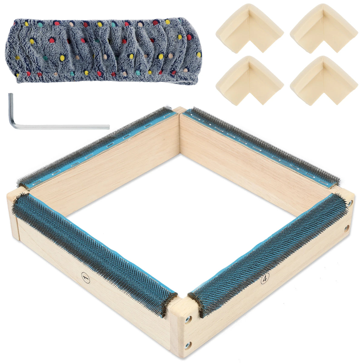 Square wooden punch needle frame with gripper strips, cover and protective corners