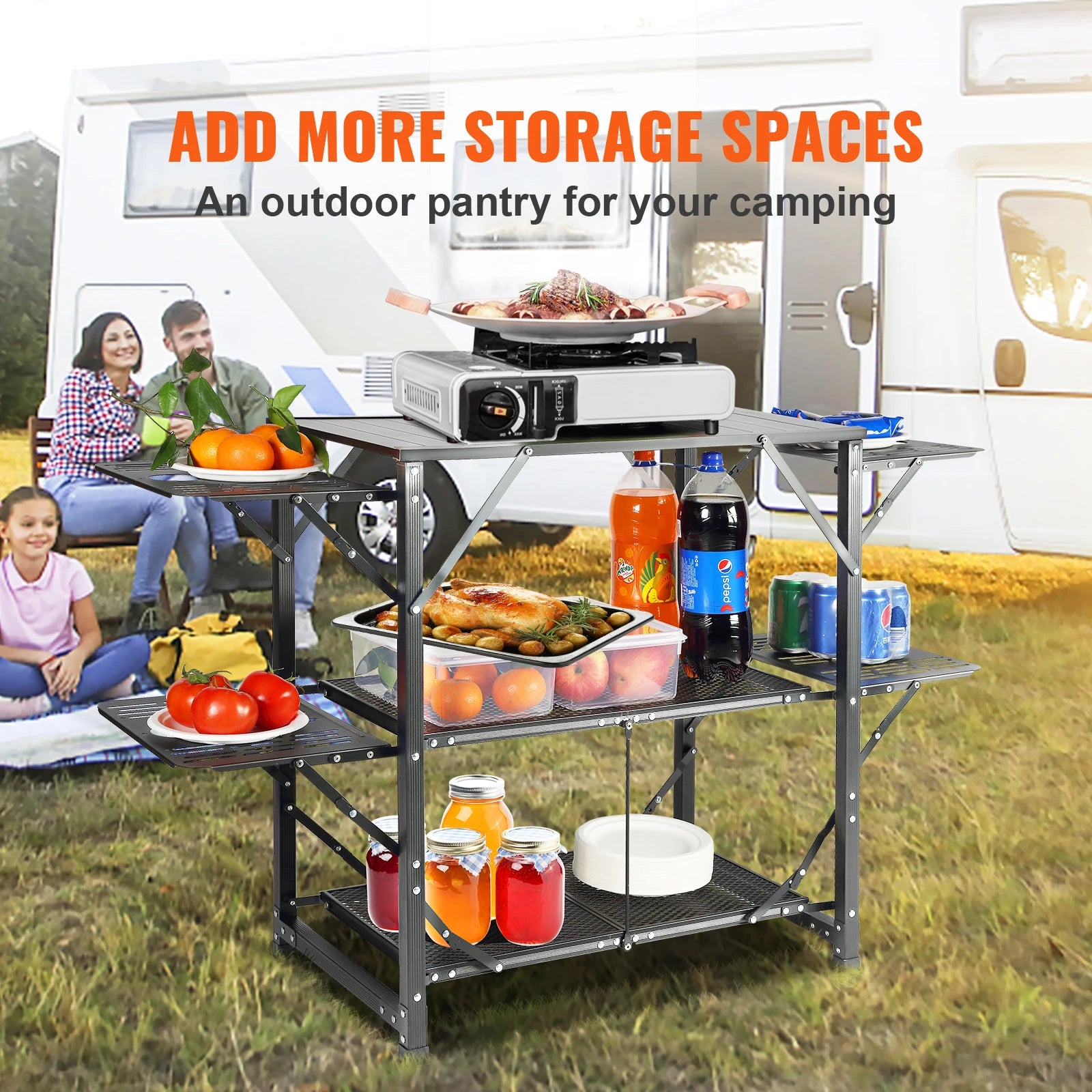 SucceBuy Camping-køkkentafel i ét stykke - sammenklappelig bærbar kogestation af aluminium til camping, udendørs picnics og BBQ