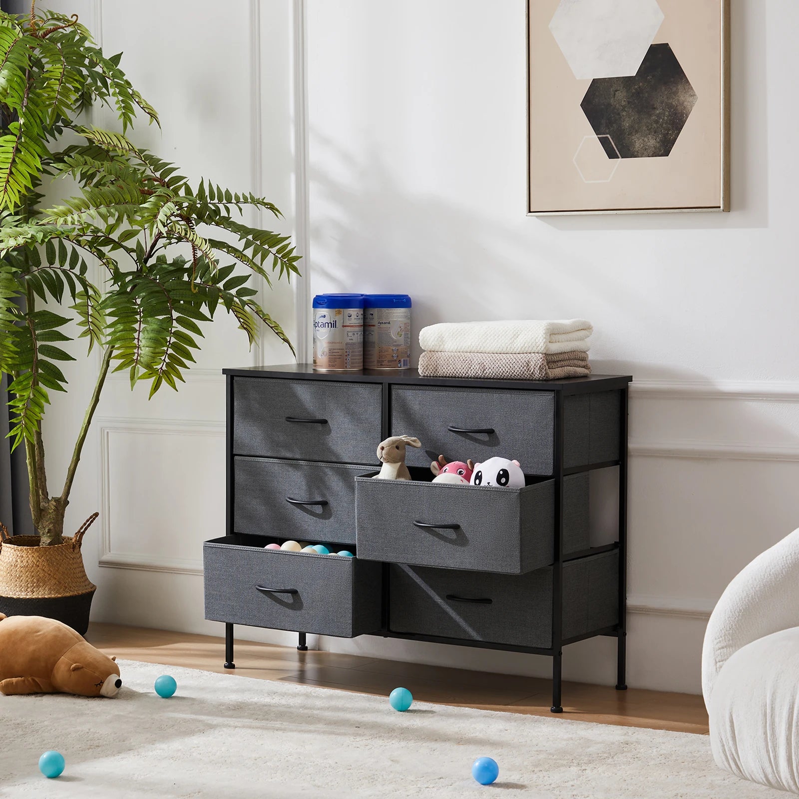 6 Drawer Fabric Nightstand with Metal Frame and Wooden Top