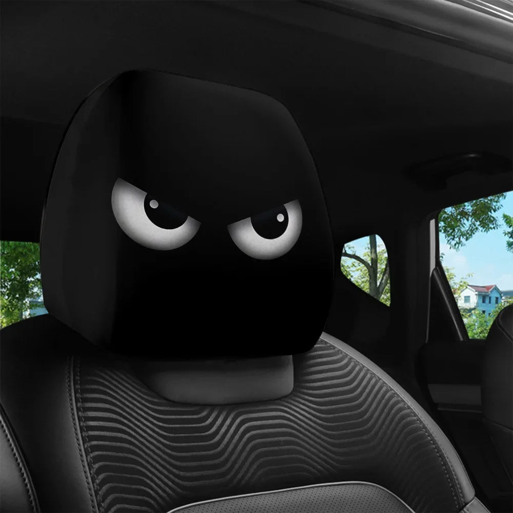 2PCS Funny Slanted Eyes Cartoon Print Car Headrest Cover for Halloween Christmas Holiday Automobile Interior Decoration 