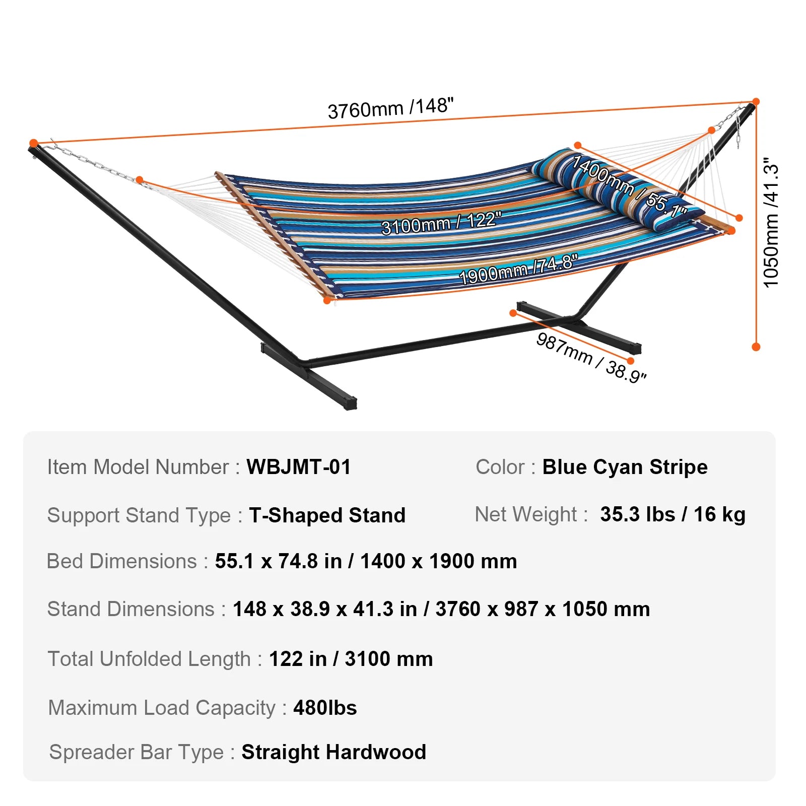 Hamac pour deux personnes Succe avec support inclus, Hamac double avec barres d’écartement courbes, et coussin détachable et sac portable